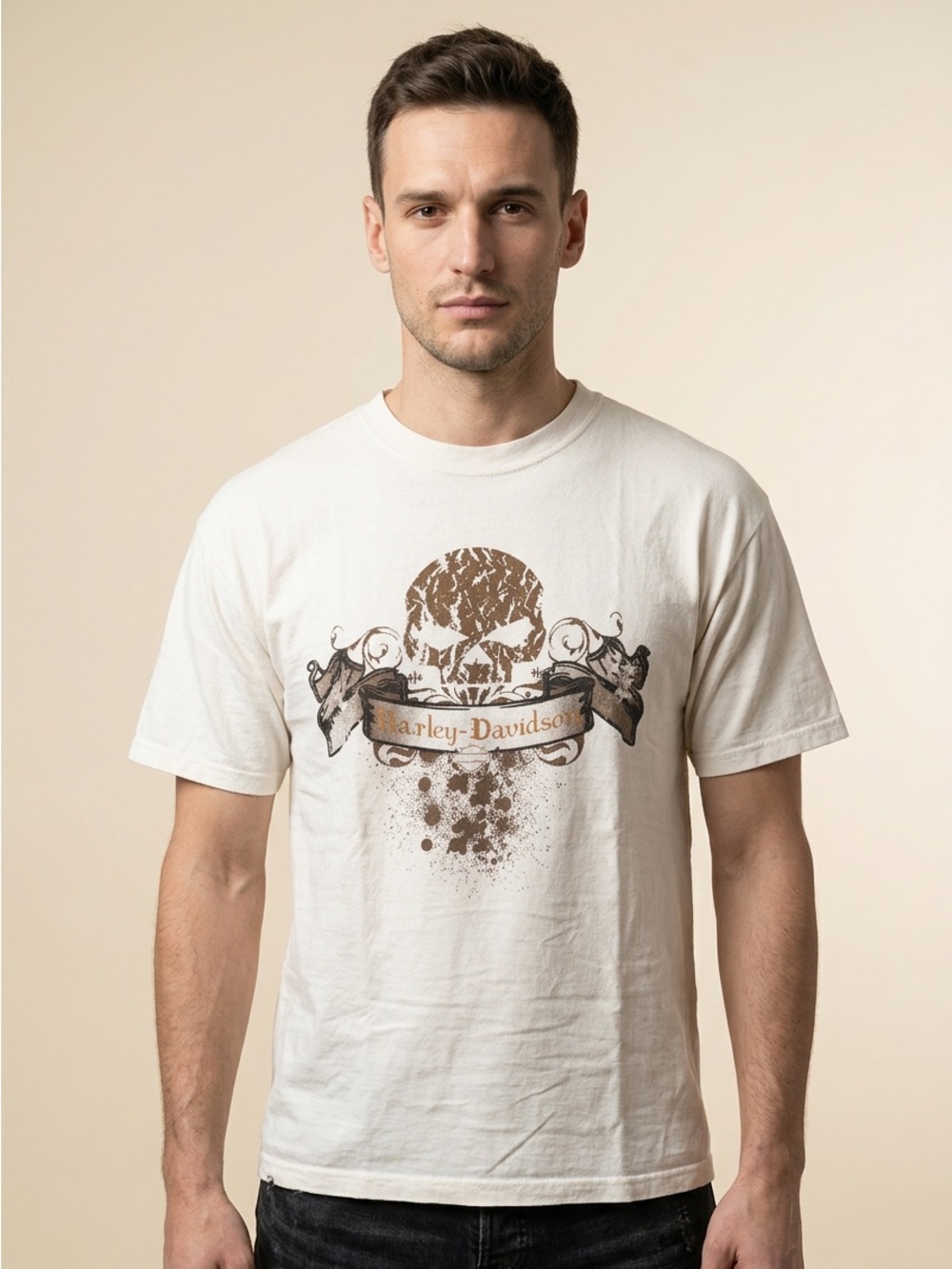 Vintage Harley-Davidson Cream Short Sleeve Skull Graphic Tee